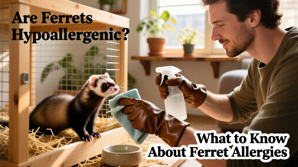 Person wearing gloves while spot-cleaning a ferret cage with a spray bottle and microfiber cloth