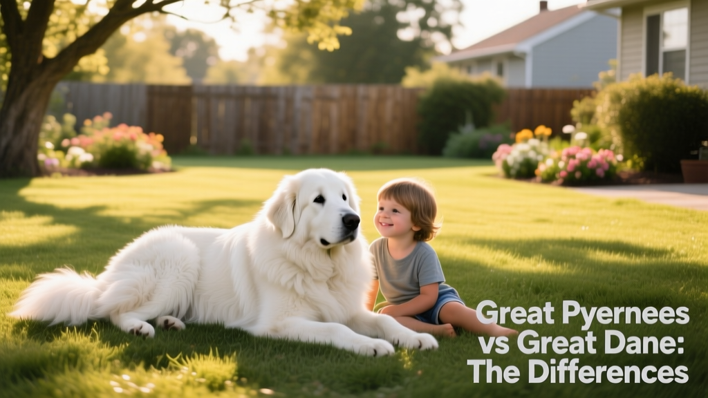 A calm, white-coated Great Pyrenees resting beside a child on a grassy yard