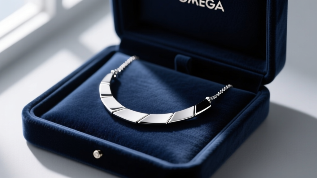 A 3mm sterling silver omega necklace in an open velvet box, soft light highlighting the smooth, flat metal plates.