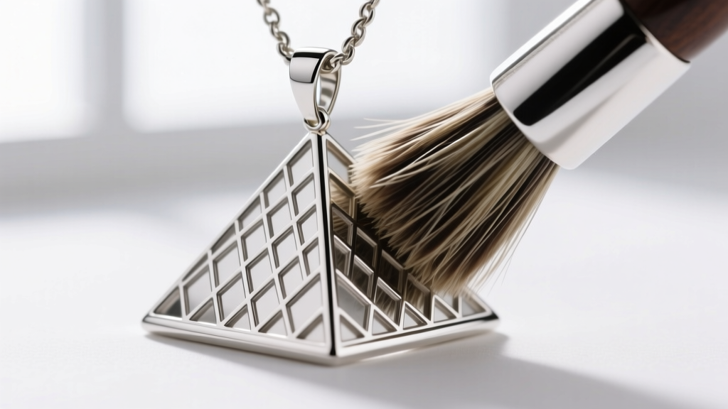 Macro shot of a horsehair brush cleaning deep geometric crevices of a sterling silver Louvre architectural pendant