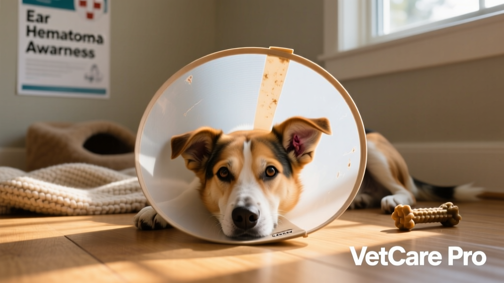 Dog wearing a soft, well-fitted recovery cone while resting calmly