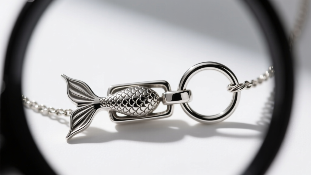 Loupe view of a mermaid necklace clasp and jump ring, showing metal stamping and thickness for a detailed durability assessment