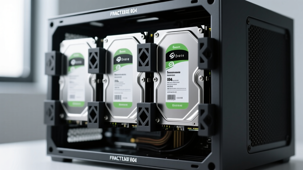 Close-up macro shot of Seagate Exos enterprise hard drives slotted into a Fractal Design Node 804 micro-ATX cube case with custom 3D-printed drive brackets.