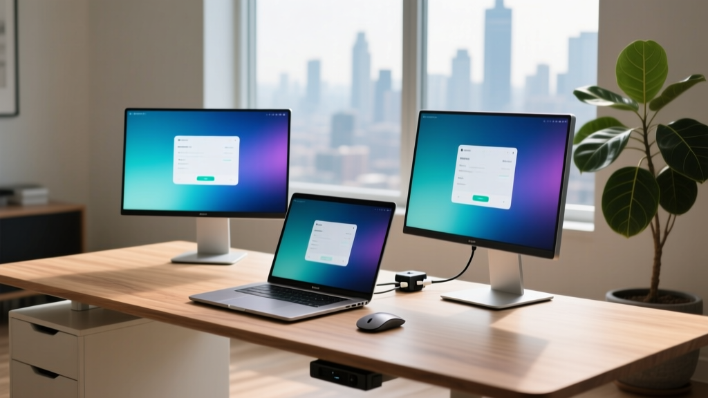 A sleek remote workspace featuring a laptop flanked by two ultra-thin portable OLED monitors on a minimalist wooden desk