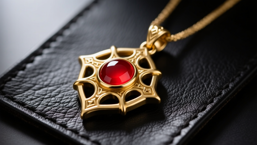 Close-up of a gold-plated brass pendant shaped like the OSRS Amulet of Strength with a red resin cabochon on a dark leather mat.