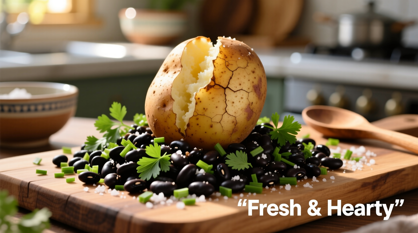 Perfectly baked potato with black beans and fresh herbs