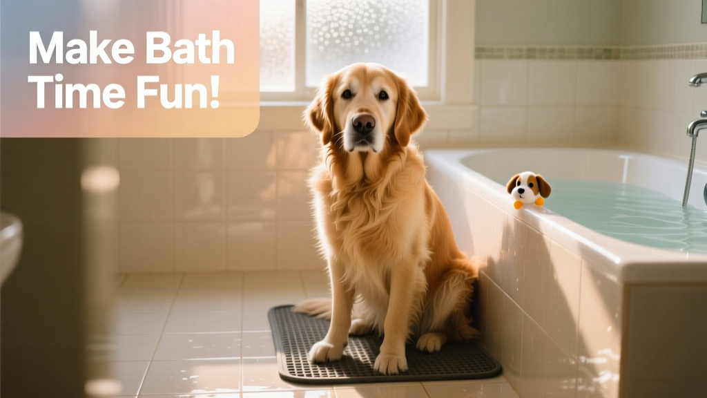A calm dog sitting beside a non-slip mat in a bathroom with warm water running gently in the tub