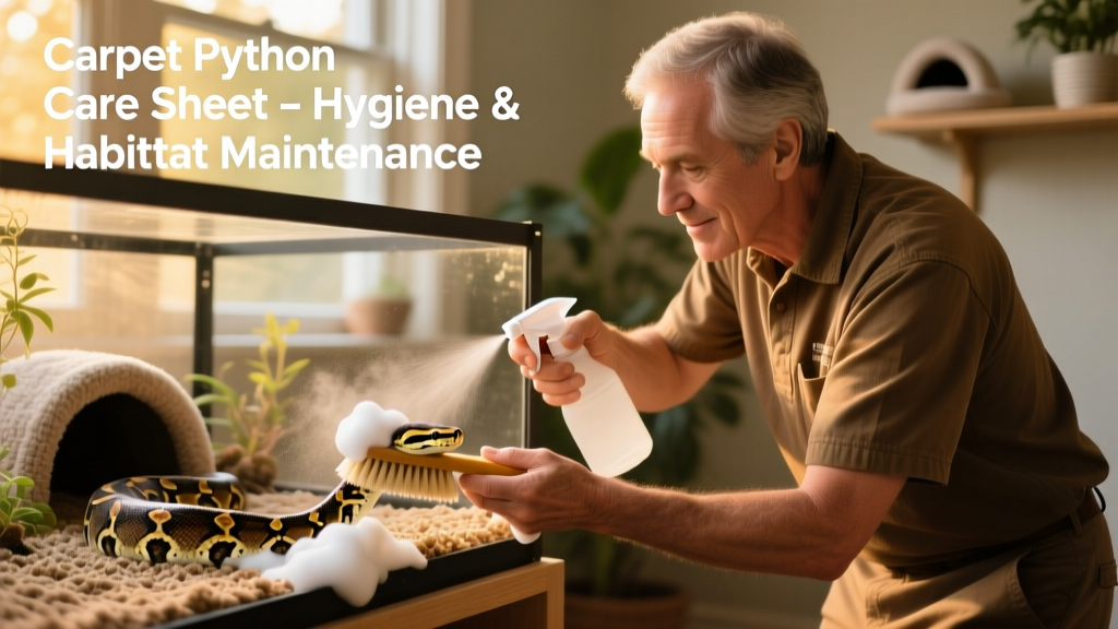 Hand cleaning a reptile enclosure with a spray bottle and soft brush, showing proper hygiene practices
