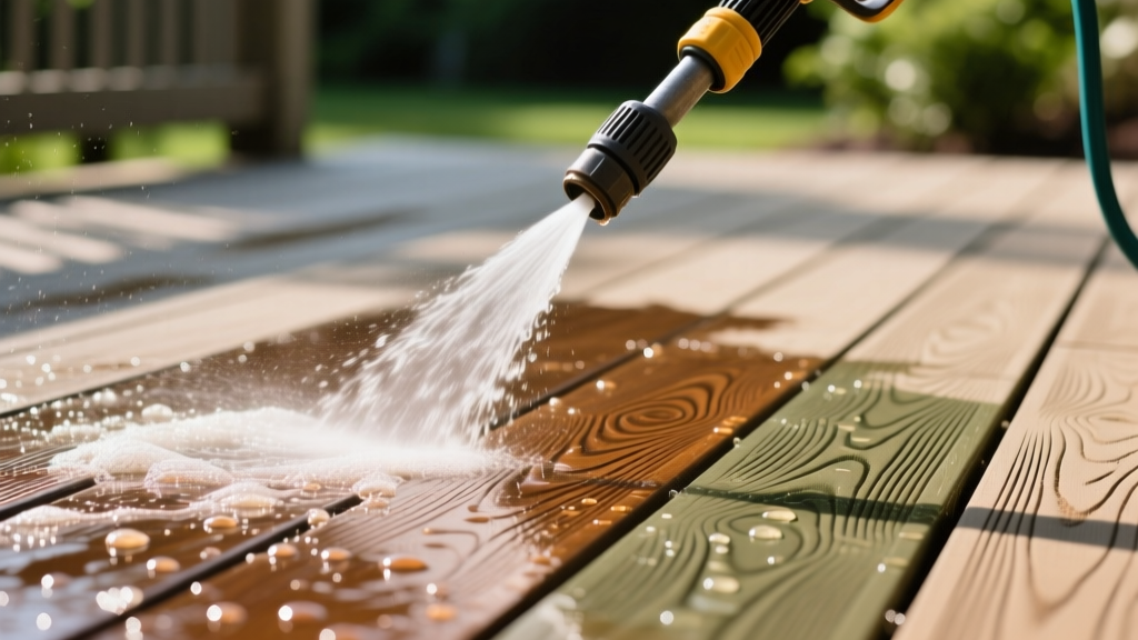 Close-up of a pressure washer cleaning a textured capped composite deck board with soapy water, revealing the wood-grain embossing.