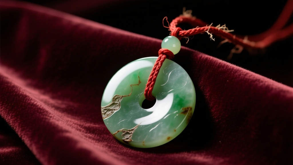 Antique Hetian nephrite jade bi disc pendant on a faded red silk cord, resting on dark velvet under warm studio lighting.