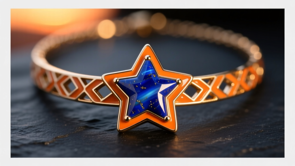 Macro shot of sunset sarsaparilla blue star cap necklace showing warm orange enamel and lapis lazuli star cap on dark slate