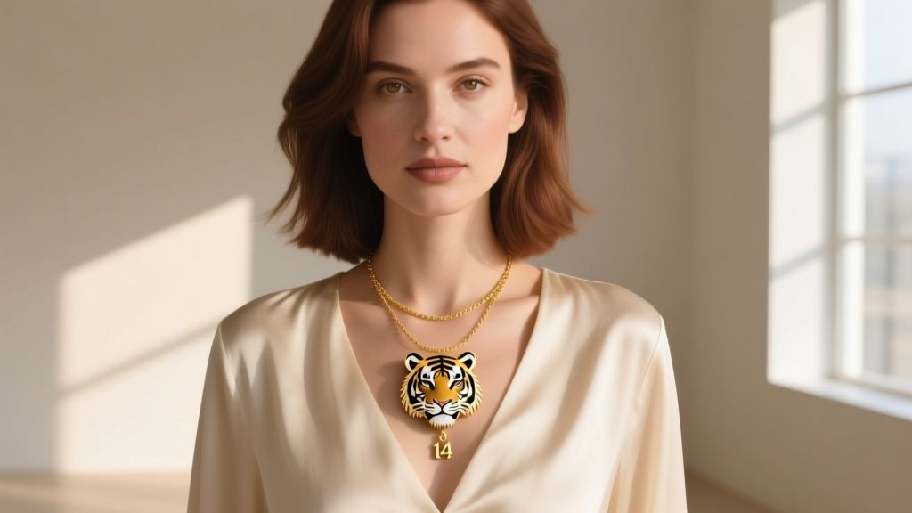 Woman wearing a layered 14k gold tiger pendant necklace over a cream silk blouse, showing a 20-inch drop in natural daylight