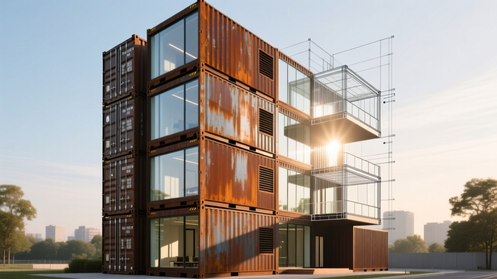 Architectural blueprint overlaying a stacked 40-foot high-cube shipping container home with exposed Corten steel and large glass cutouts