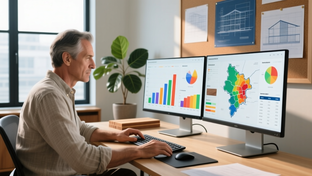 Architect reviewing regional construction cost charts and lumber pricing maps on a dual-monitor setup while planning a custom home build.