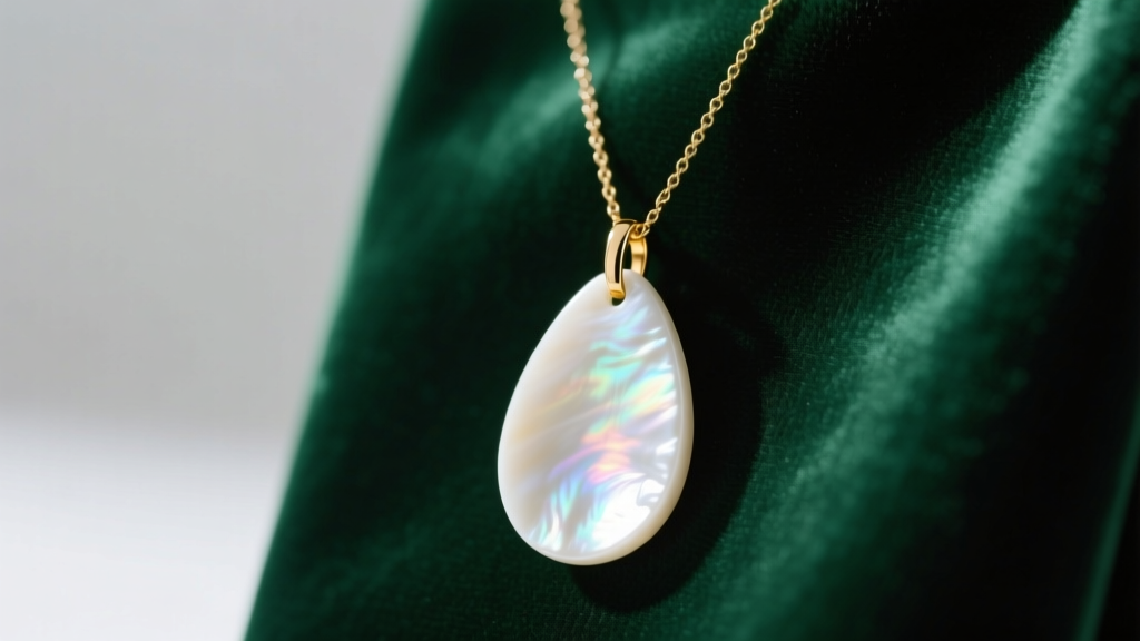 White mother of pearl teardrop necklace on emerald velvet, studio lighting highlighting iridescent nacre and gold bail.