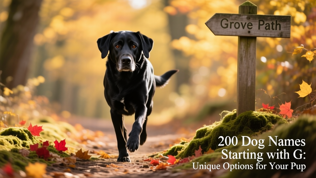 Black Labrador mix confidently walking on a forest trail with autumn leaves underfoot