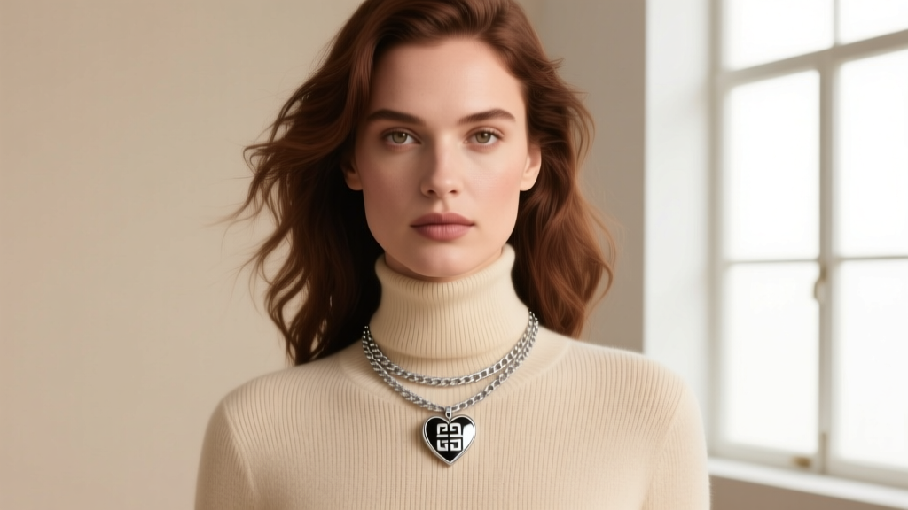 Woman wearing a Givenchy enamel heart choker layered with a silver chain, shot in natural daylight against a beige turtleneck.