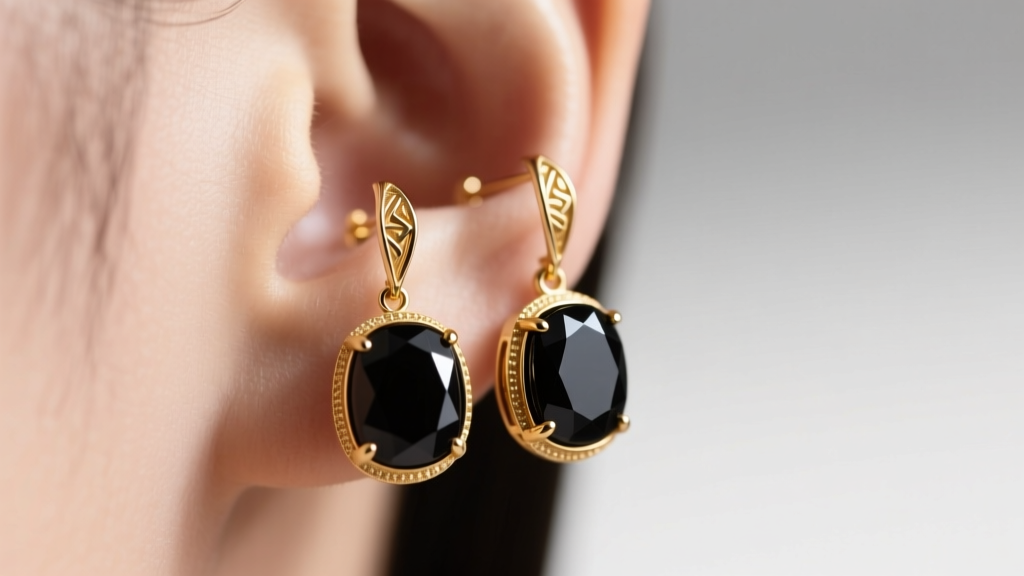 Macro shot of black onyx and 14k gold vermeil dangle earrings on an ear lobe, soft studio lighting highlighting the faceted gemstone