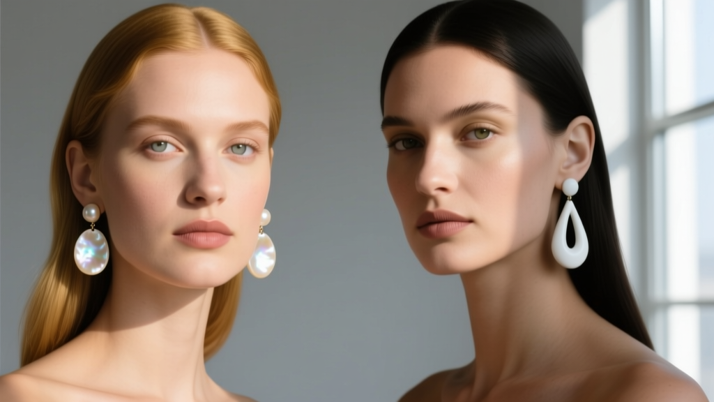 Warm skin tone wearing creamy mother-of-pearl drops alongside a cool skin tone wearing stark white ceramic drop earrings