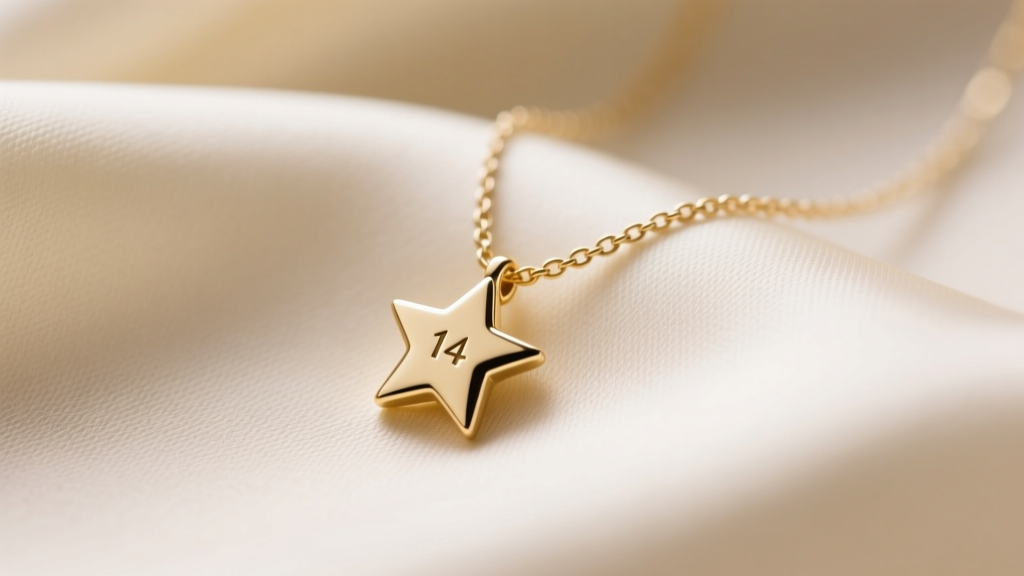 Close-up of a 14k gold dainty star necklace on cream silk, showing a tiny 5mm die-struck star pendant and a fine 1mm cable chain.