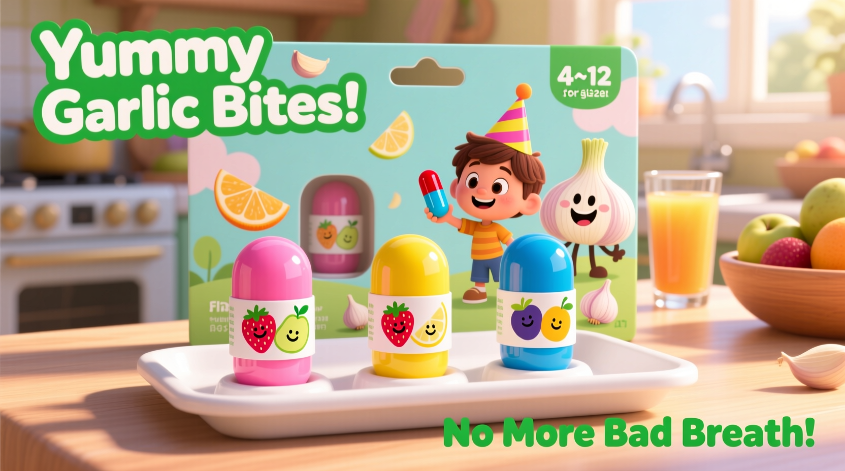 Child-friendly garlic supplement capsules with fruit flavoring