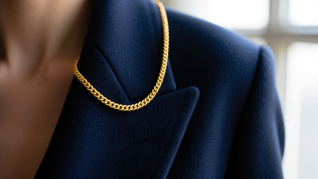 Close-up of a delicate 14k yellow gold 1mm cable chain necklace resting on a dark navy blue detective blazer lapel, soft lighting