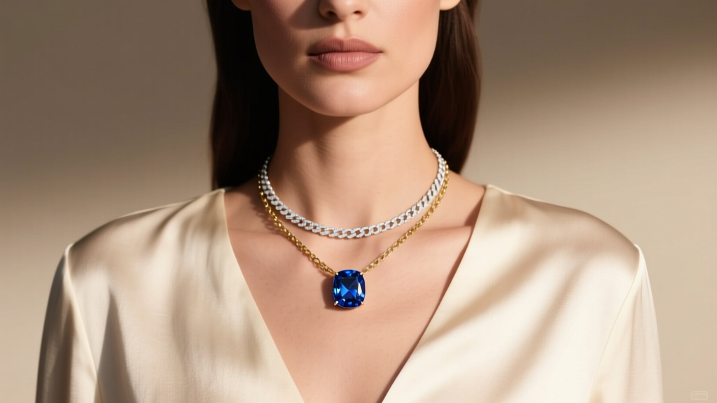 Woman wearing a Swiss blue topaz solitaire necklace layered with a 14k white gold paperclip chain against a cream silk blouse.