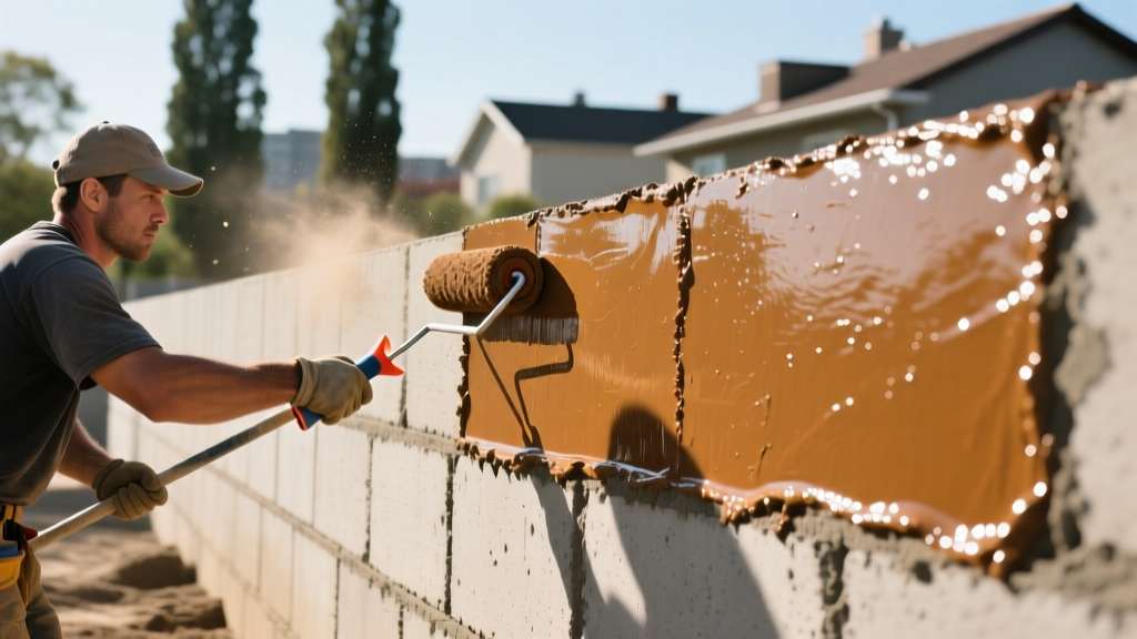 Contractor applying thick elastomeric waterproof coating with a roller to exterior concrete block foundation wall on a sunny day