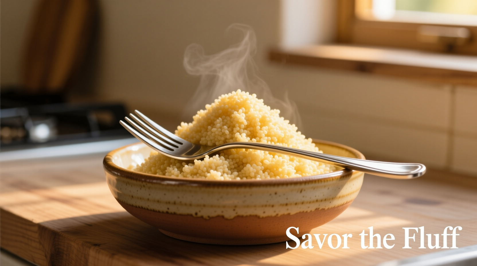 Fluffy golden couscous in ceramic bowl with fork