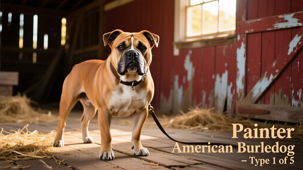 A compact, intensely focused Painter American Bulldog with thick shoulders and alert expression, posed against a rustic barn background
