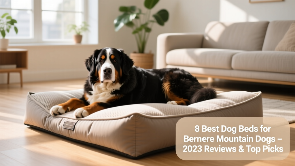 A relaxed Bernese Mountain Dog resting deeply on a plush, supportive dog bed in a sunlit living room