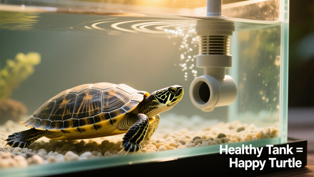 Turtle swimming calmly past a well-placed canister filter outlet, with clear water and visible surface agitation indicating healthy flow
