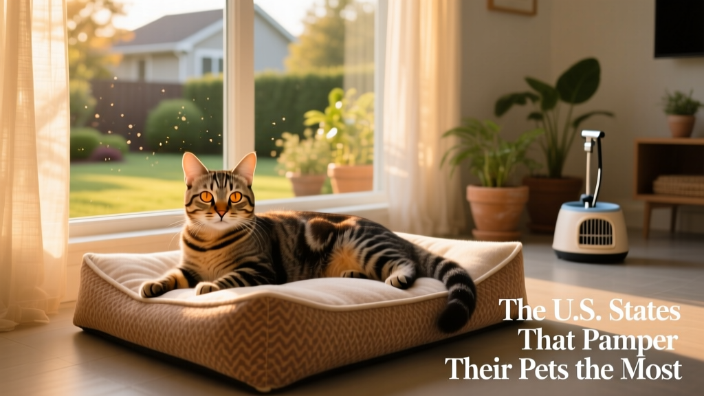 A tabby cat lounging comfortably on a sunlit, cushioned pet bed beside a window