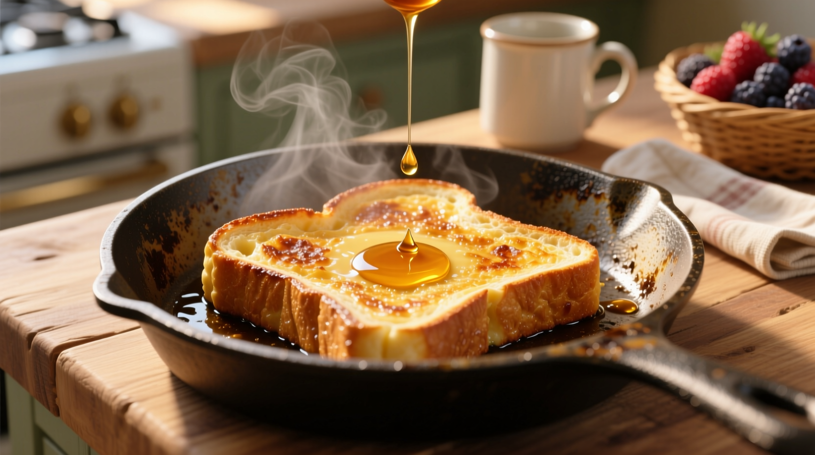 Perfectly golden French toast cooking in skillet