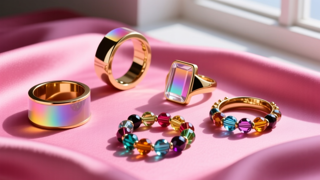 Flat lay of colorful acrylic and brass fashion jewelry, including chunky resin rings and glass beads, resting on vibrant pink silk