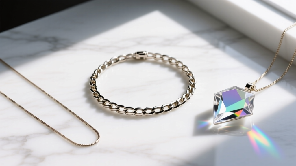Flat lay showing a 5mm Figaro chain, a 1.5mm cable chain, and a large acrylic geometric pendant on a white marble surface