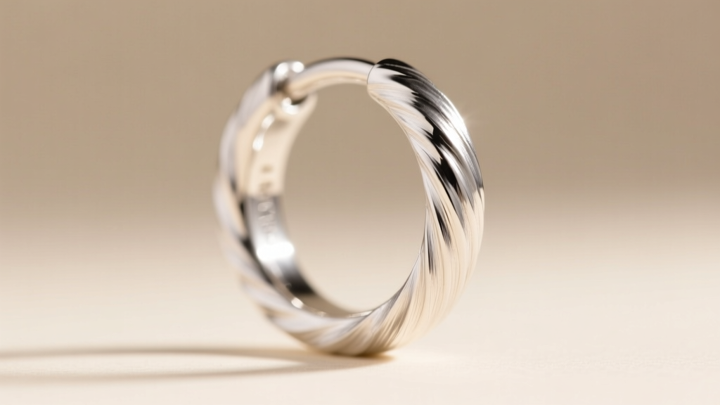 Close-up of a 16-gauge sterling silver cartilage hoop with brushed finish, shown from a side angle against soft warm studio light