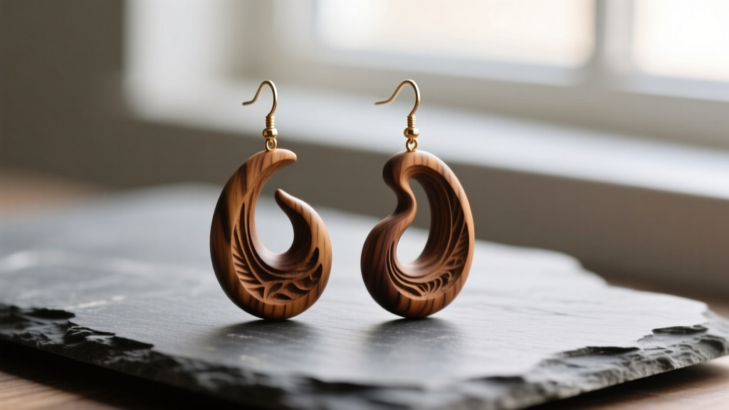 Macro shot of carved walnut wood dangle earrings on slate, highlighting natural grain patterns and a smooth matte finish.