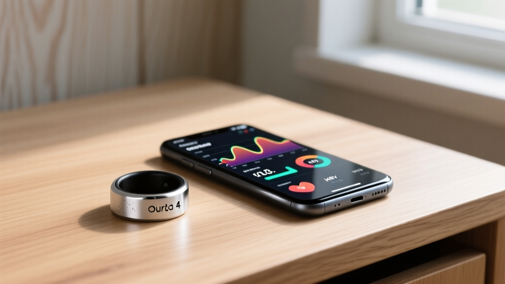 Silver Oura Ring 4 and black Samsung Galaxy Ring 2 on a wooden desk next to a smartphone displaying detailed sleep and HRV data graphs.