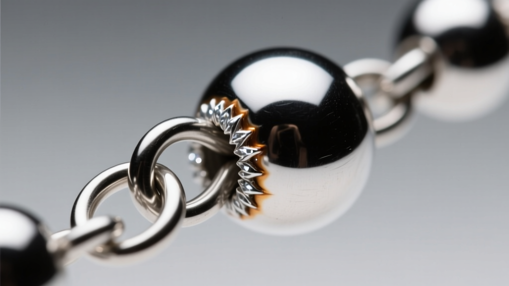 Macro shot of 22-gauge stainless steel jump ring connecting a rosary bead, showing a soldered joint under bright studio lighting.