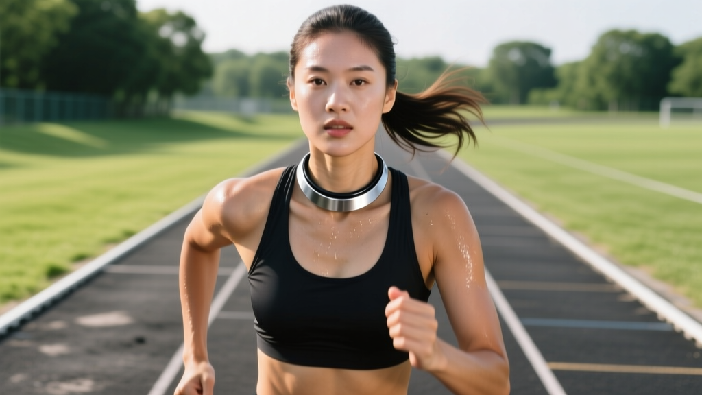 Female runner wearing an 18-inch athletic necklace resting above the collarbone without bouncing during an outdoor track sprint