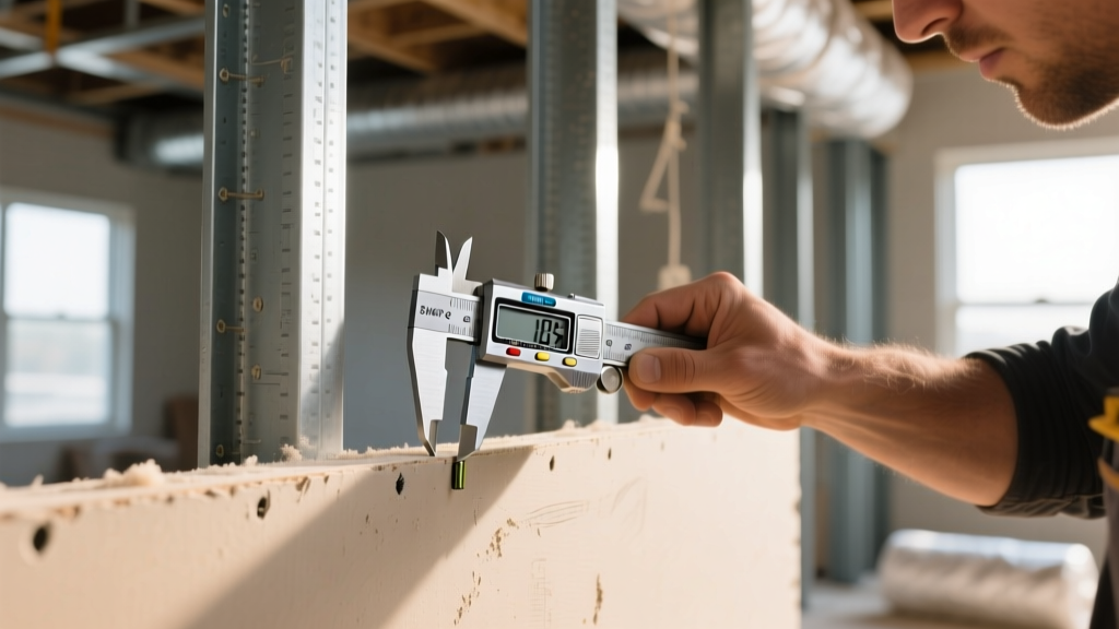 Close-up of a contractor measuring the edge of a 5/8-inch Type X gypsum board with a digital caliper on a commercial framing site