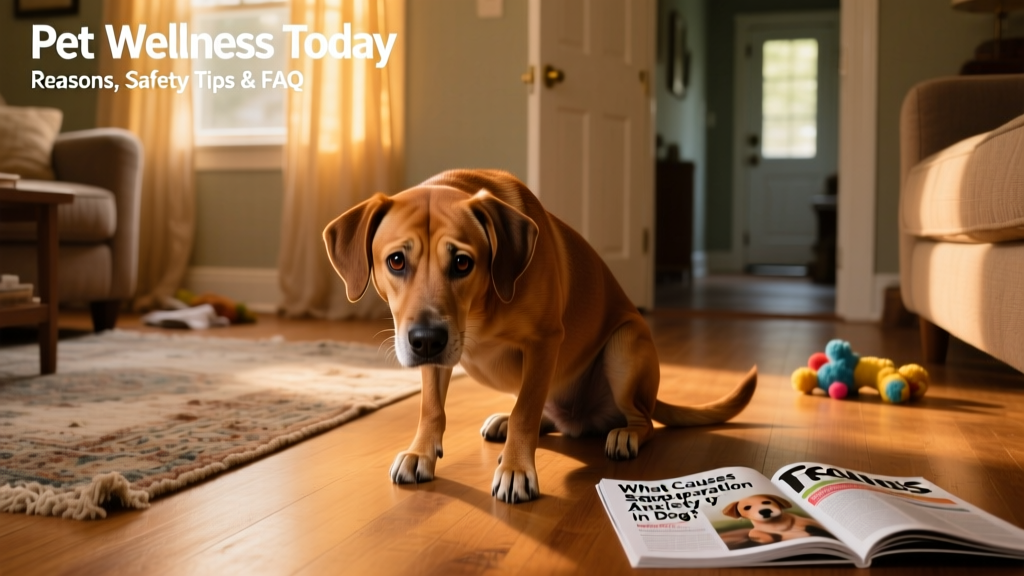 A nervous-looking brown dog crouching low with ears back, in a softly lit indoor space