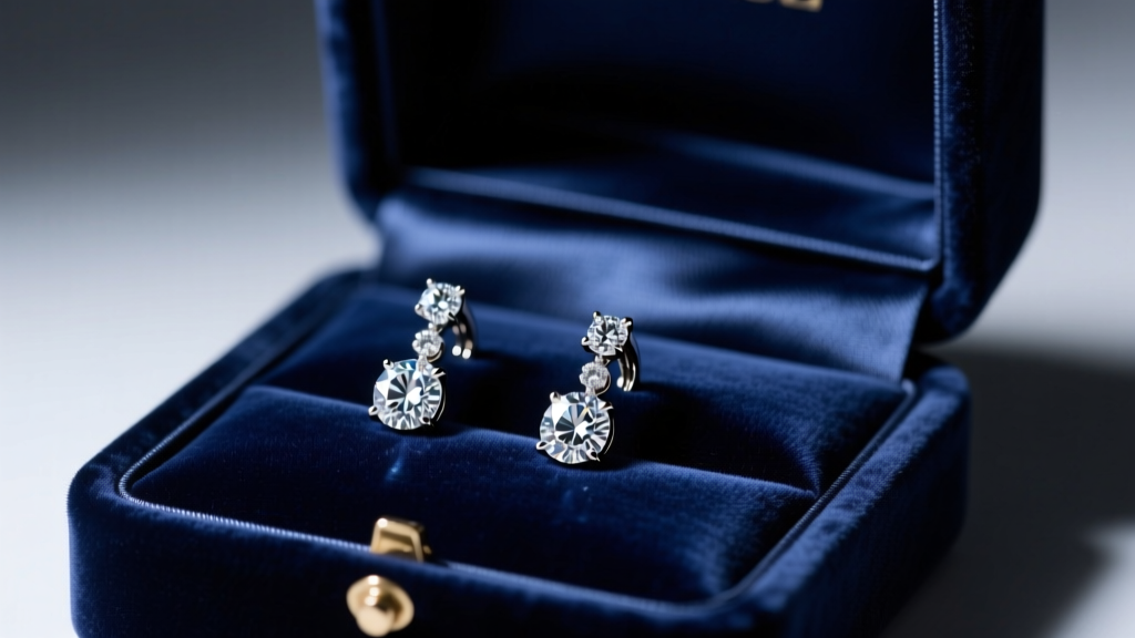 An open velvet jewelry box revealing a pair of long, 3-inch diamond dangle earrings resting on dark navy fabric, illuminated by soft studio lighting