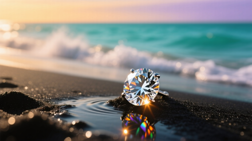 Close-up of a sparkling 3-carat diamond stud earring resting on wet black sand near a turquoise ocean shoreline at golden hour