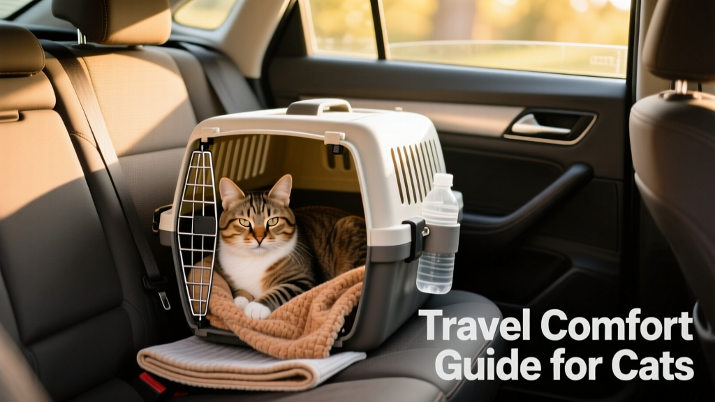 A cat calmly resting inside a well-ventilated carrier with a soft blanket, placed securely on the back seat of a car