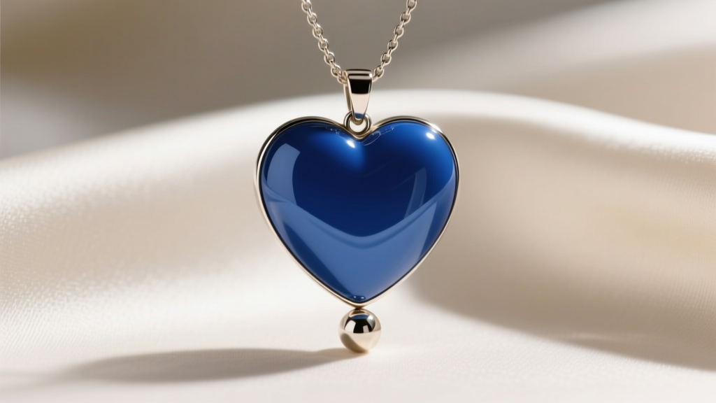 Close-up of a heavy blue heart pendant necklace balanced by a small metallic counterweight bead resting against a silk backdrop