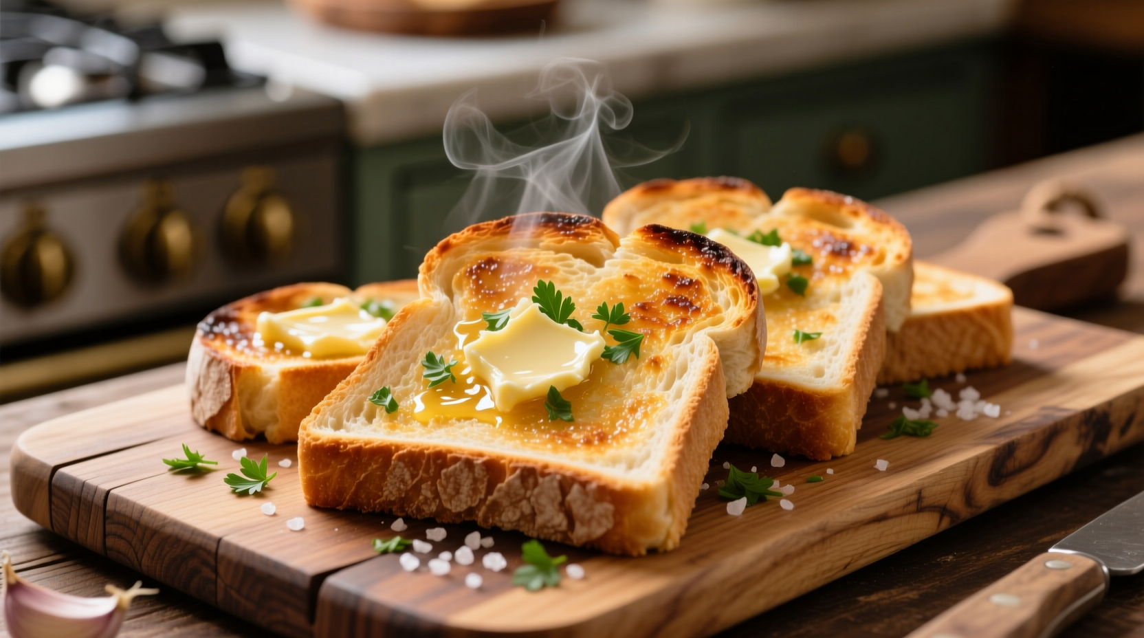 Golden garlic sourdough toast on wooden board