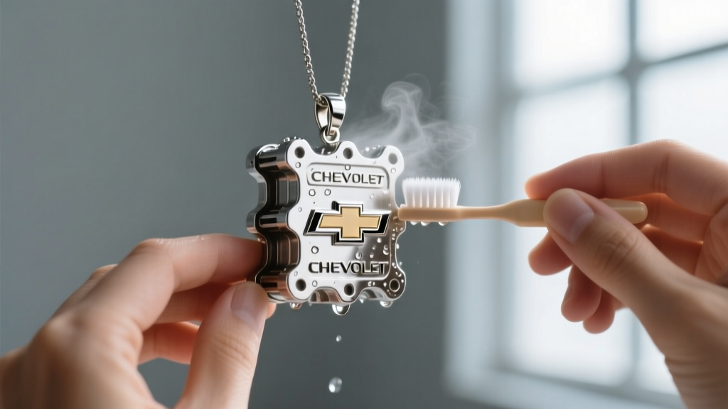 Hands gently brushing a stainless steel Chevy engine block pendant with a soft baby toothbrush and mild soapy distilled water