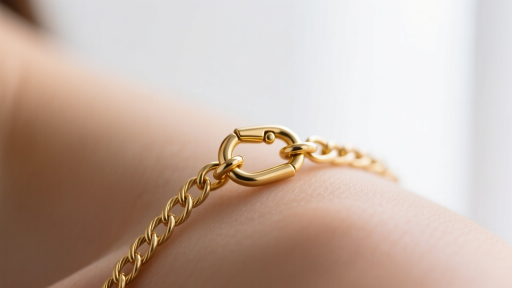 Close-up of a 1.5mm gold vermeil cable chain and lobster clasp, showing soldered jump rings and link tension against bare skin.